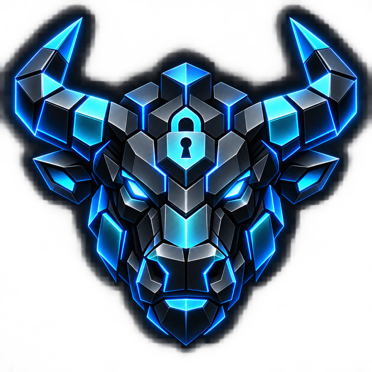 DEADBULL robotic bull emblem with blockchain armor and a lock